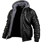 CREATMO US Men's Faux Leather Jacket Motorcycle Jacket Waterproof Windproof PU Moto Vintage Bomber Hoodie with Removable Hood
