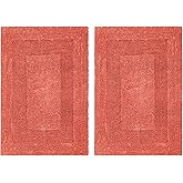 COTTON CRAFT Luxurious Bath Mat Rug - Set of 2 Reversible Heavyweight Step Out Bath Mats for Bathroom Floor, Tub and Shower - Pure Cotton Soft Plush Absorbent Tufted Racetrack Mat - 17 x 24 in - Coral