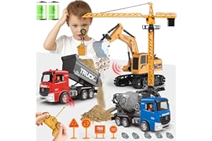 LAUSOMILE 4-IN-1 Remote Control Construction Vehicle Toy Set, RC Excavator Friction-Powered Crane Dump Mixer Truck with Lights & Sounds for Kids Imagination Development, Christmas Birthday Gifts for Boys Girls