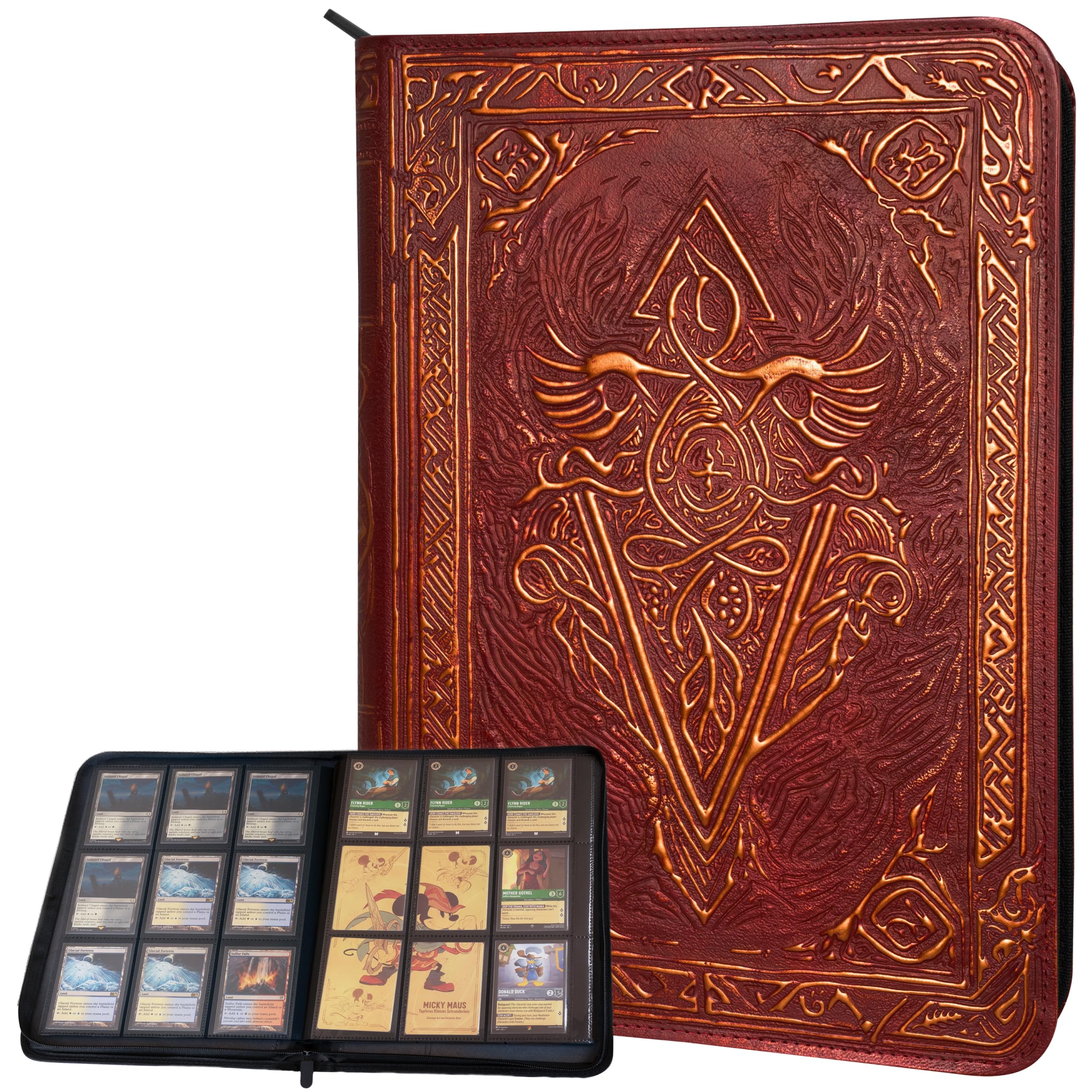 Trading Card Binder - 9 Pocket Album w Zipper - 360 Side Loading Folder for TCG - 3D PU Leather - For MTG, Disney Lorcana Trading Card Game, Magic The Gathering, Pokemon - Book Accessories Gift (Red)