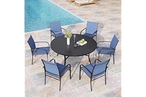 MIXPATIO 7 Pieces Outdoor Table and Chairs, Patio Dining Set for 6 Includes 54" Round Outdoor Table and 6 Patio Chair Set, Outdoor Dining Furniture Set for Lawn Backyard Deck, Blue