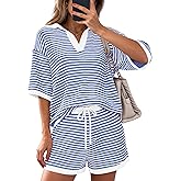 PRETTYGARDEN Women 2 Piece Lounge Sets Short Sleeve V Neck Striped Tops Drawstring Short Sets Beach Summer Outfits 2026