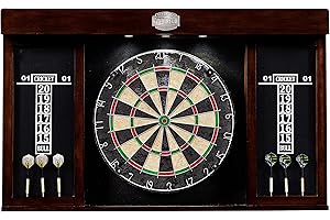 Thornton Pre-Assembled Wood Dartboard Cabinet, LED Display with 18” Bristle Dartboard & Steel Tip Dart Set, Perfect for Cricket Games