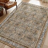 Phantoscope Washable Area Rug 5'x7' Non-Slip, Vintage Neutral Rugs for Living Room, Bedroom, Dining Room, Distressed Boho Floral Medallion Pattern, Low-Pile Foldable Carpet, Brown/Charcoal Spice
