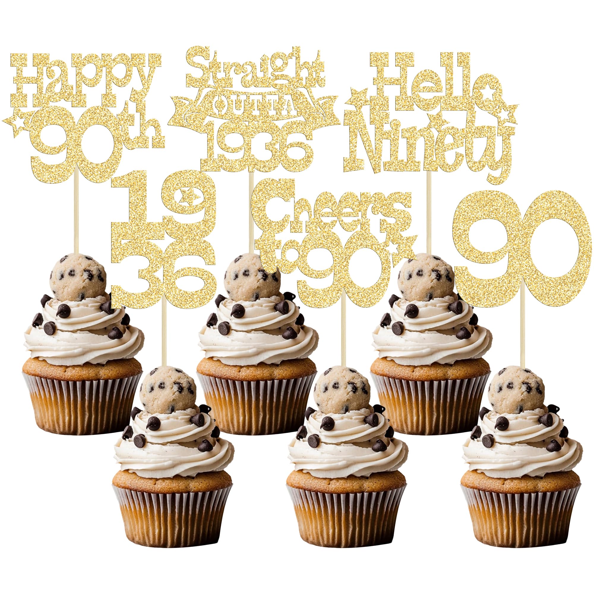 Ephlyn 30Pcs Happy 90th Birthday Cupcake Toppers Glitter Ninety Straight Outta 1936 Cupcake Picks Cheers to 90 Years Cake Decorations for Happy 90th Birthday Anniversary Party Supplies Gold