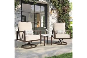 COMLAX FIELD Outdoor Patio Swivel Rocking Chairs Set, Patio Porch Furniture with 6" Thick Cushions, 3 Pieces Outdoor Bistro Set with Coffee Table for Balcony, 350lbs, Upgrade Beige