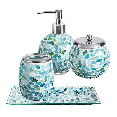 KMWARES Mosaic Glass Decorative Bathroom Accessories Set 4PCs - Includes Hand Soap Dispenser &amp; Cotton Jar &amp; Toothbrush Holder &amp; Vanity Tray - Mixed Color with Blue, Green, White