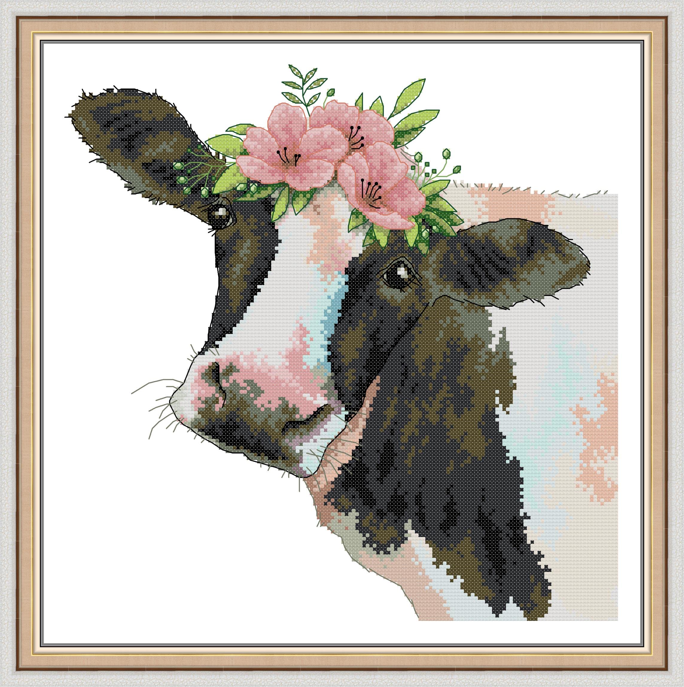 CaptainCrafts Cross Stitch Kits for Adults Stamped Cross Stitch Kits Printed 14CT Fabrics Embroidery Kit for Adults Beautiful Cow (Stamped 14CT, Beautiful Cow)
