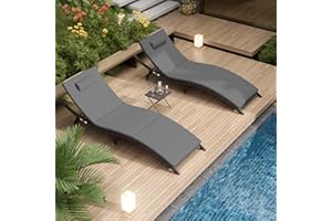Delnavik Patio Chaise Lounge Set 3 Pieces Outdoor Lounge Chair Outdoor Wicker Lounge Chairs with Table Folding Chaise Lounger for Poolside Backyard Porch, Grey