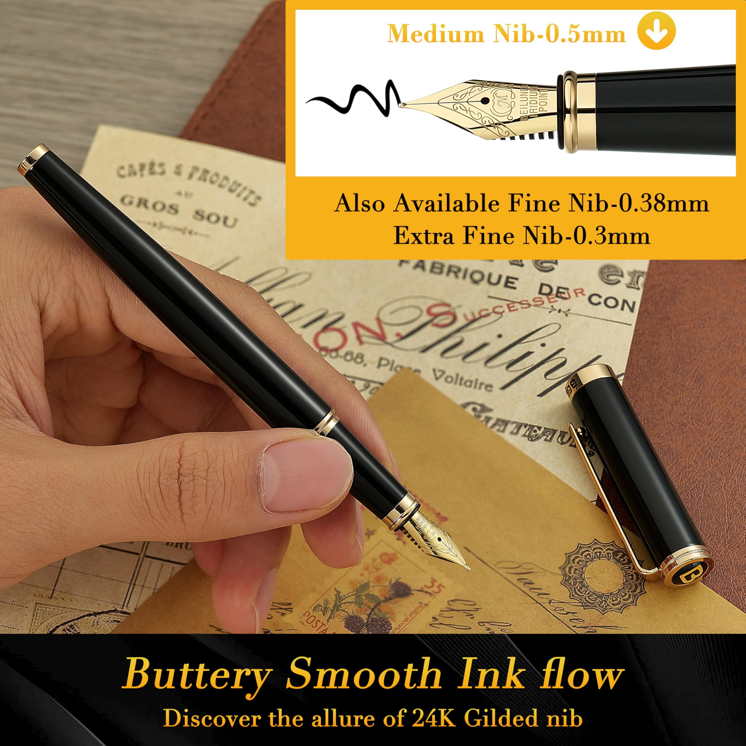 BEILUNER Füllfederhalter Schwarz, luxuriöser Schreibgerät mit 24K Gold-Akzenten & vergoldeter Feder (Mittel), elegantes und zuverlässiges Geschenkset inkl. Konverter für Damen und Herren 4