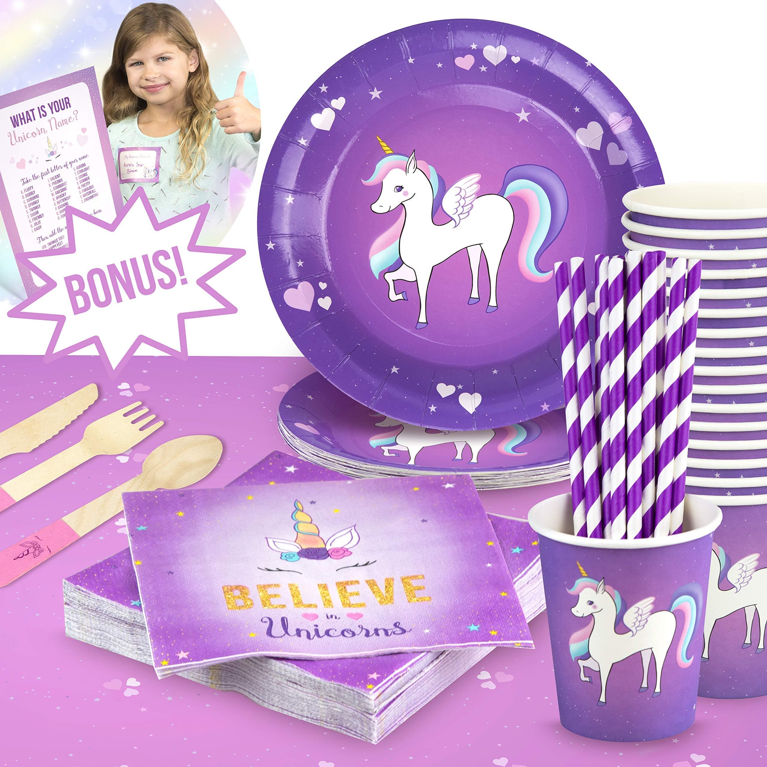 UNICORN BIRTHDAY PARTY SUPPLIES (Serves 16) Purple + Pink ECO FRIENDLY tableware set + FREE BONUS Fun Unicorn Name Game