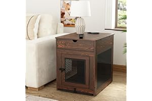 Piskyet Dog Crate Furniture,Wooden Dog Crate End Table with Storage Drawer&Cushion&Tray, QC3.0 Wireless Charging,Dual USB,Small Dogs Rustic Style