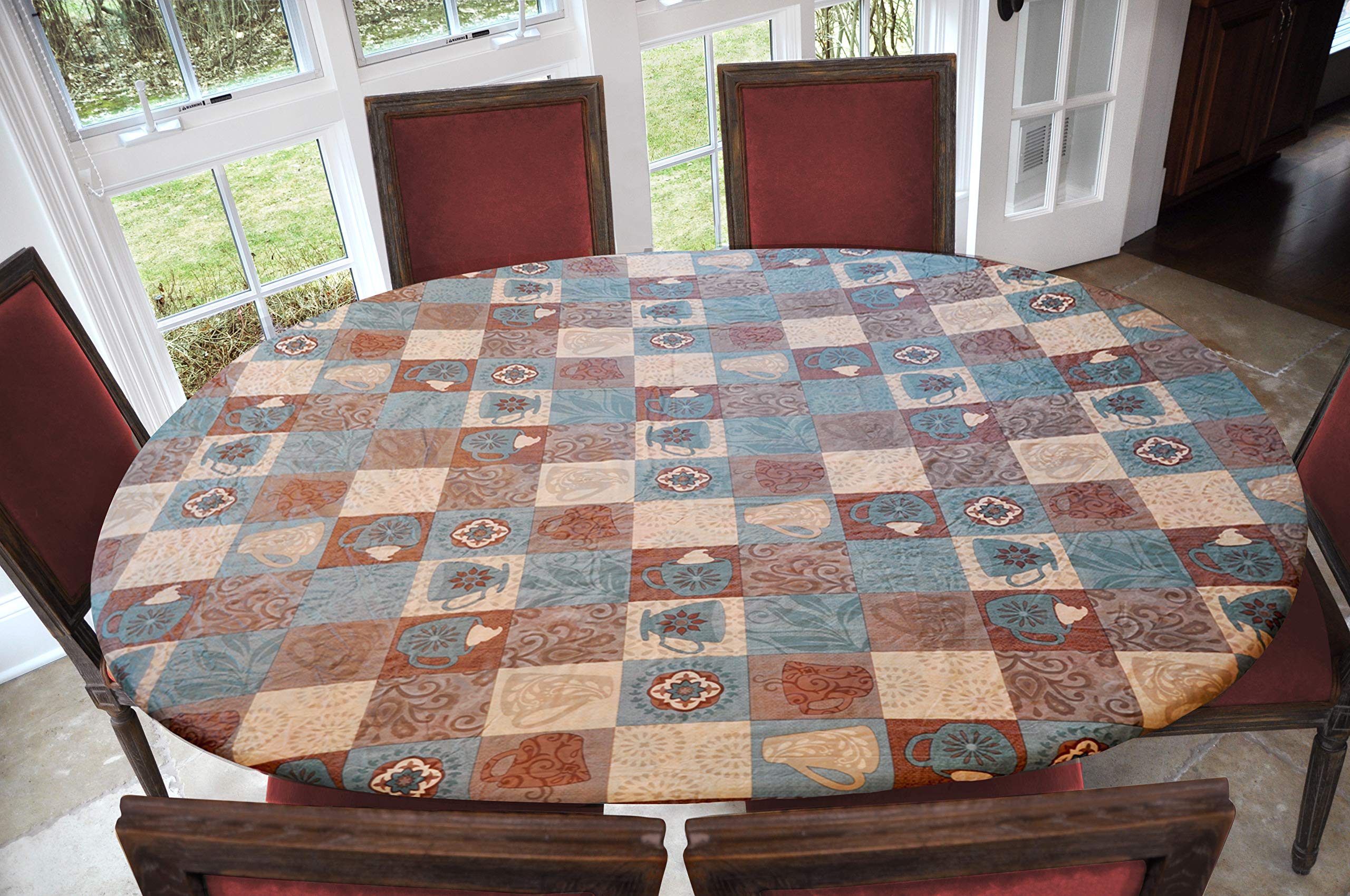 Covers For The HomeDeluxe Elastic Edged Flannel Backed Vinyl Fitted Table Cover - Global Coffee Pattern -Round Oblong Oval- Fits Tables up to 48" W x 68" L