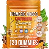 Premium 120 Turmeric Ginger Cinnamon Gummies – Added Cinnamon – Joint & Immune Support – Vegan Gummies with Vitamin E, B12, Magnesium, Black Pepper Extract & Vitamin D3 – Orange Fruit Flavor