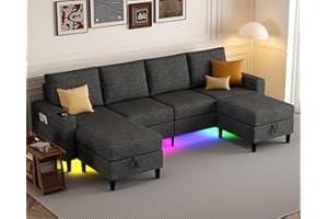 HYZQ Sectional Couches for Living Room, 4 Seat Sectional Sofa with Smart Module-Wireless Charging/USB/Type-C/RGB Light, U Shaped Couch with Reversible Chaise Lounge/Storage Ottoman (Dark Grey)