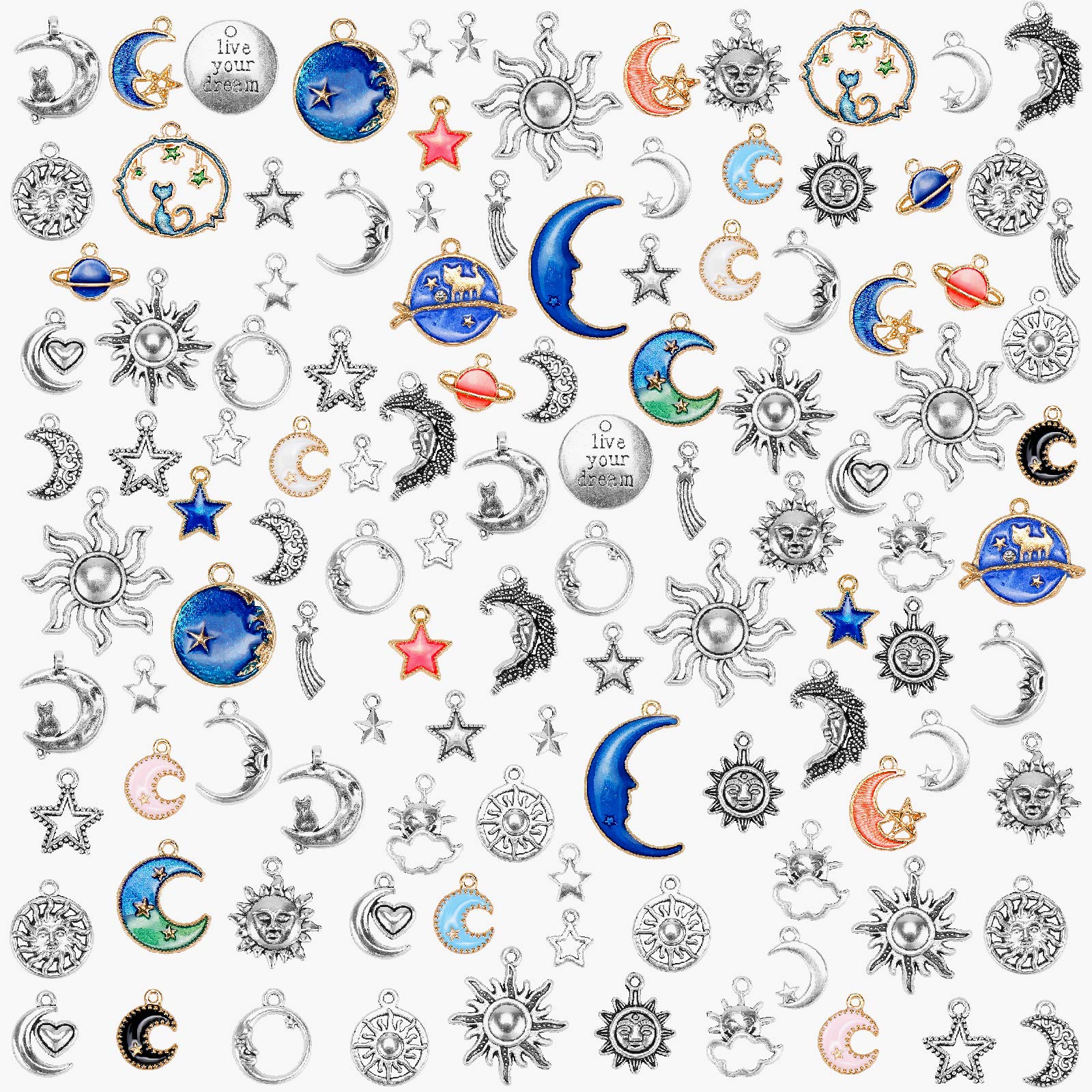 Meetory 114 Pcs Jewelry Charms Assorted Gold Plated Enamel Cat Moon Star Celestial Charm Pendant DIY for Earrings Necklace Bracelet Jewelry Making and Crafting