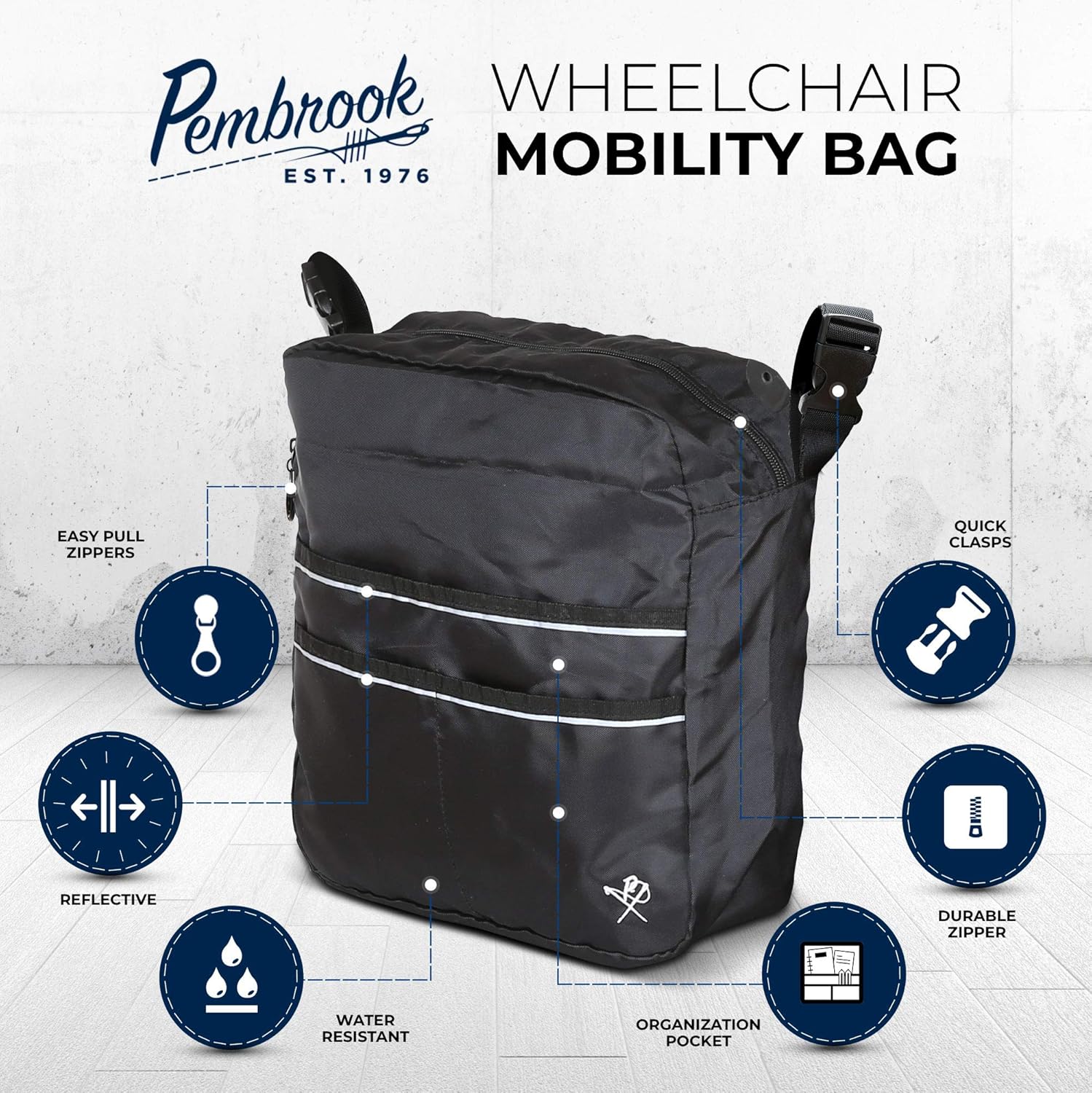 Pembrook Wheelchair Mobility Tote Bag - Travel Accessories Storage Side or Back Bag - Fits Most Walker, Scooter, Seat/Chair, Rollator or Electric Wheelchairs - for Seniors, Elderly & Medical Nurses: Health & Personal Care