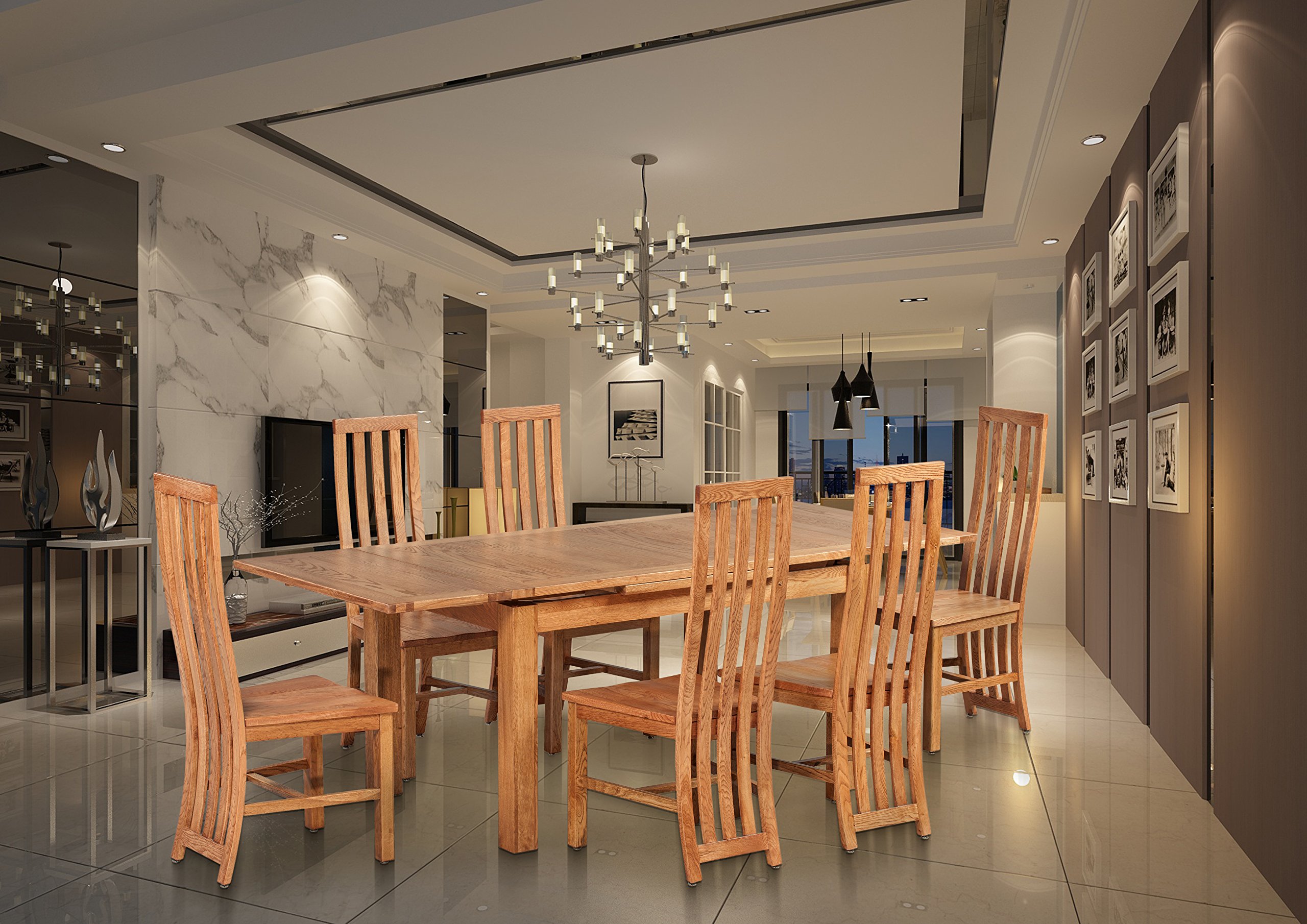 Trithi Furniture Toronto American Solid Oak Extendable Table And Wood Seat Chair Set Of 7 Natural Oak Lavorist