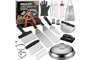 grilljoy 28-Piece Griddle Accessories Kit with Cleaning Kit for Teppanyaki Camping Cooking - Complete Griddle Tools Set in Carrying Storage Bag - Basting Cover, Smash Burger Press, Grill Spatulas