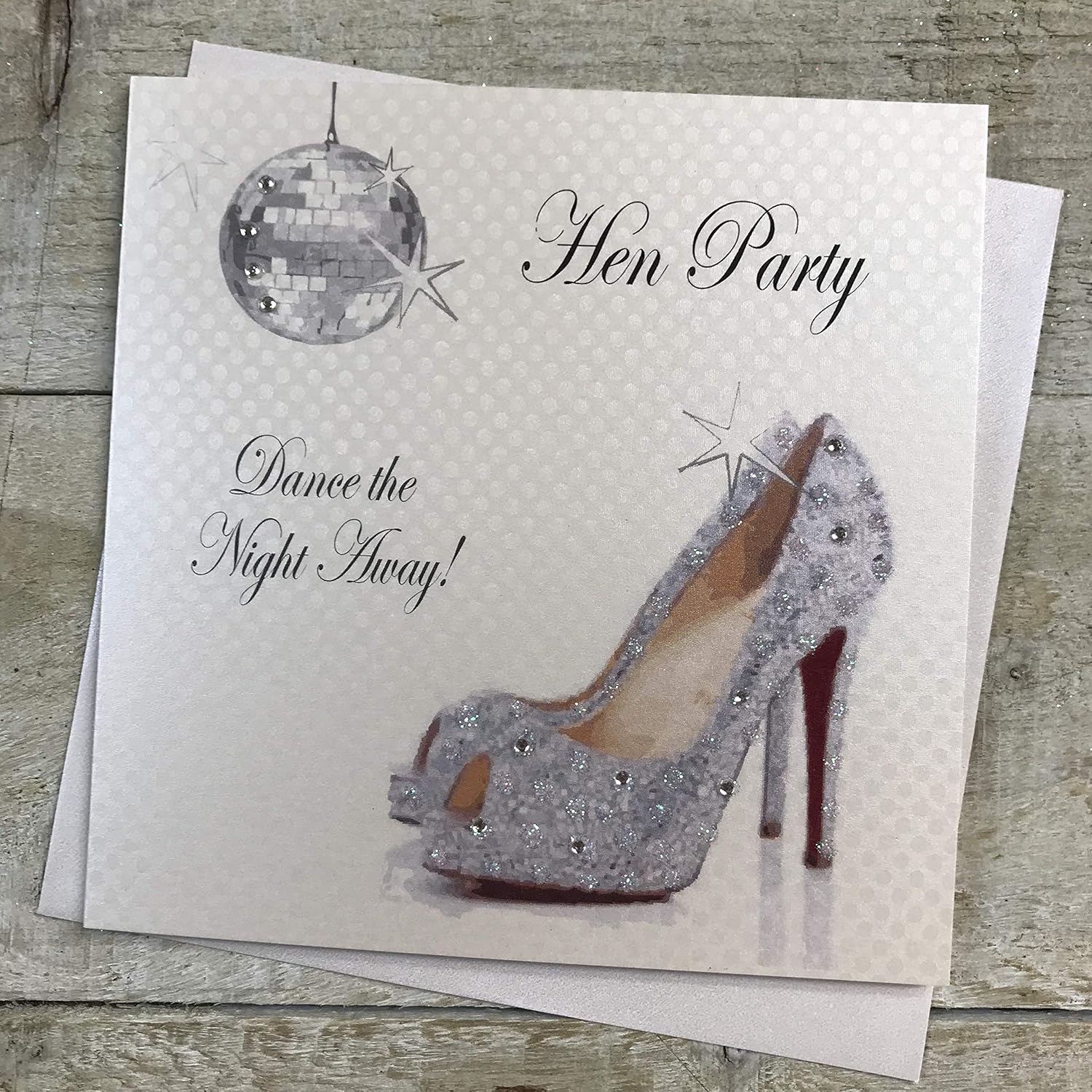 White Cotton Cards Dance The Night Away Party Handmade Card with Glitter Ball and Sparkly Shoes, White, PD24