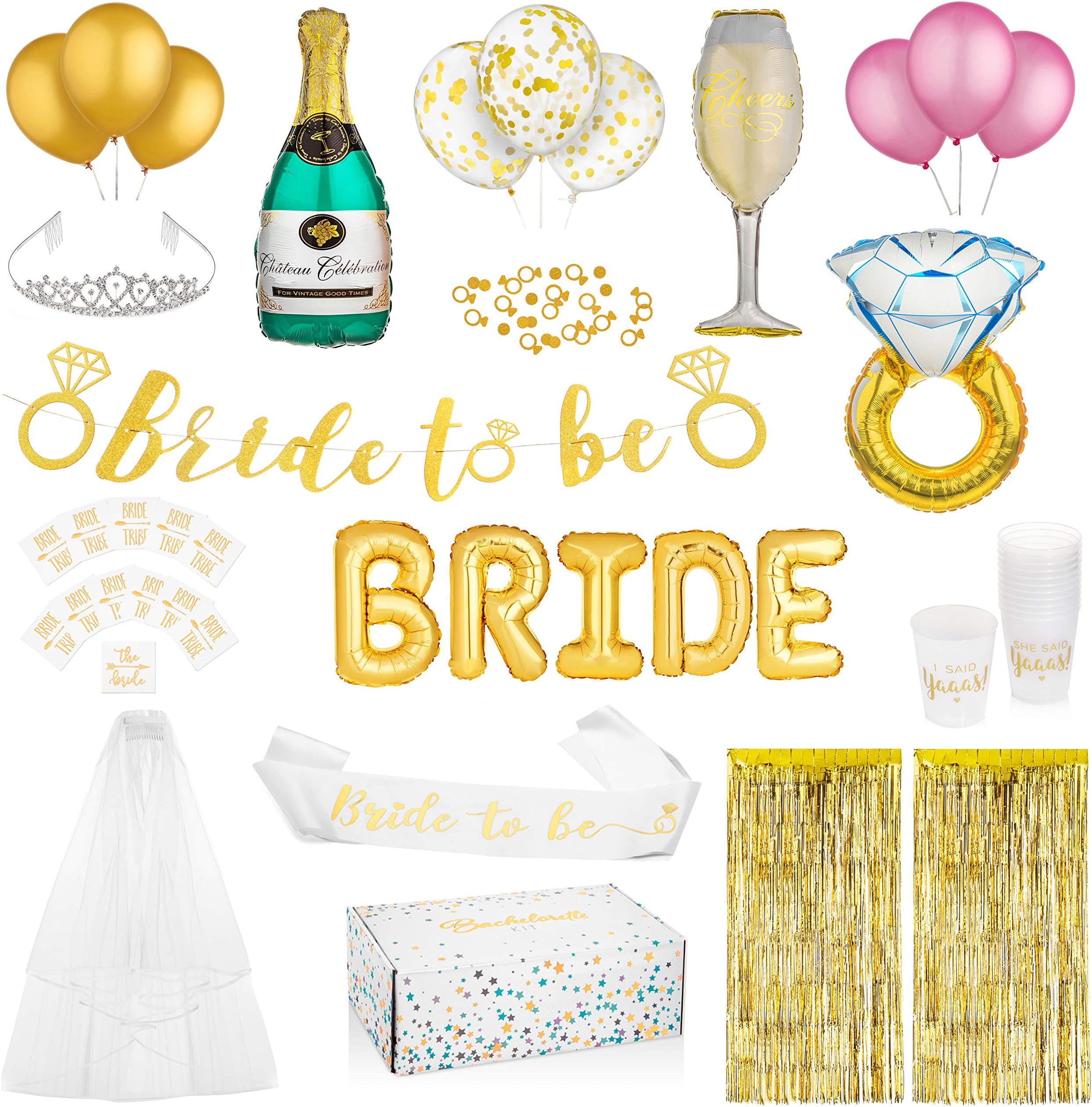 Gold Bachelorette Party Decorations Kit | Bridal Shower Supplies | Bride to Be Banner & Sash, Veil, Tiara, Tattoos, Ring & Latex Balloons + Much More!