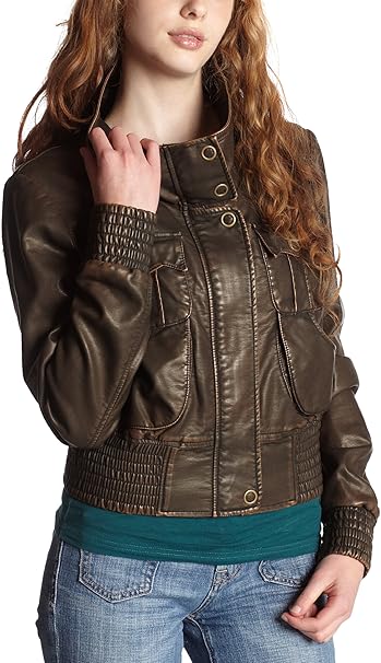 Hydraulic Juniors Faux Leather Bomber Jacket, Brown, Small at Amazon Women's Coats Shop