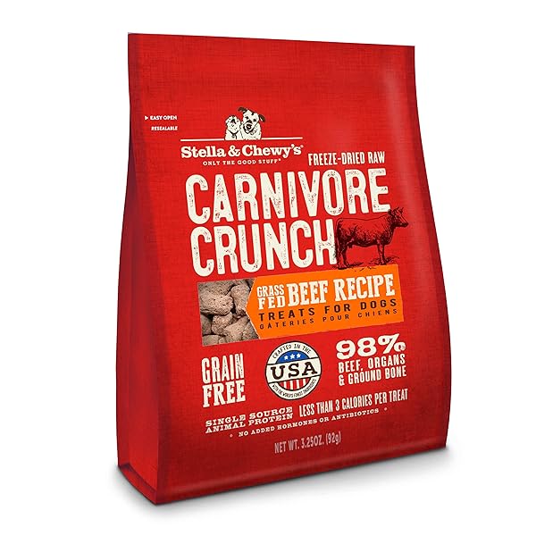 STELLA & CHEWY’S FREEZE-DRIED RAW DOG TREATS – CARNIVORE CRUNCH FOR TRAINING – NATURAL LIMITED INGREDIENT, GRAIN-FREE – PERFECT FOR PICKY EATERS – GRASS-FED BEEF RECIPE – 3.25 OZ BAG