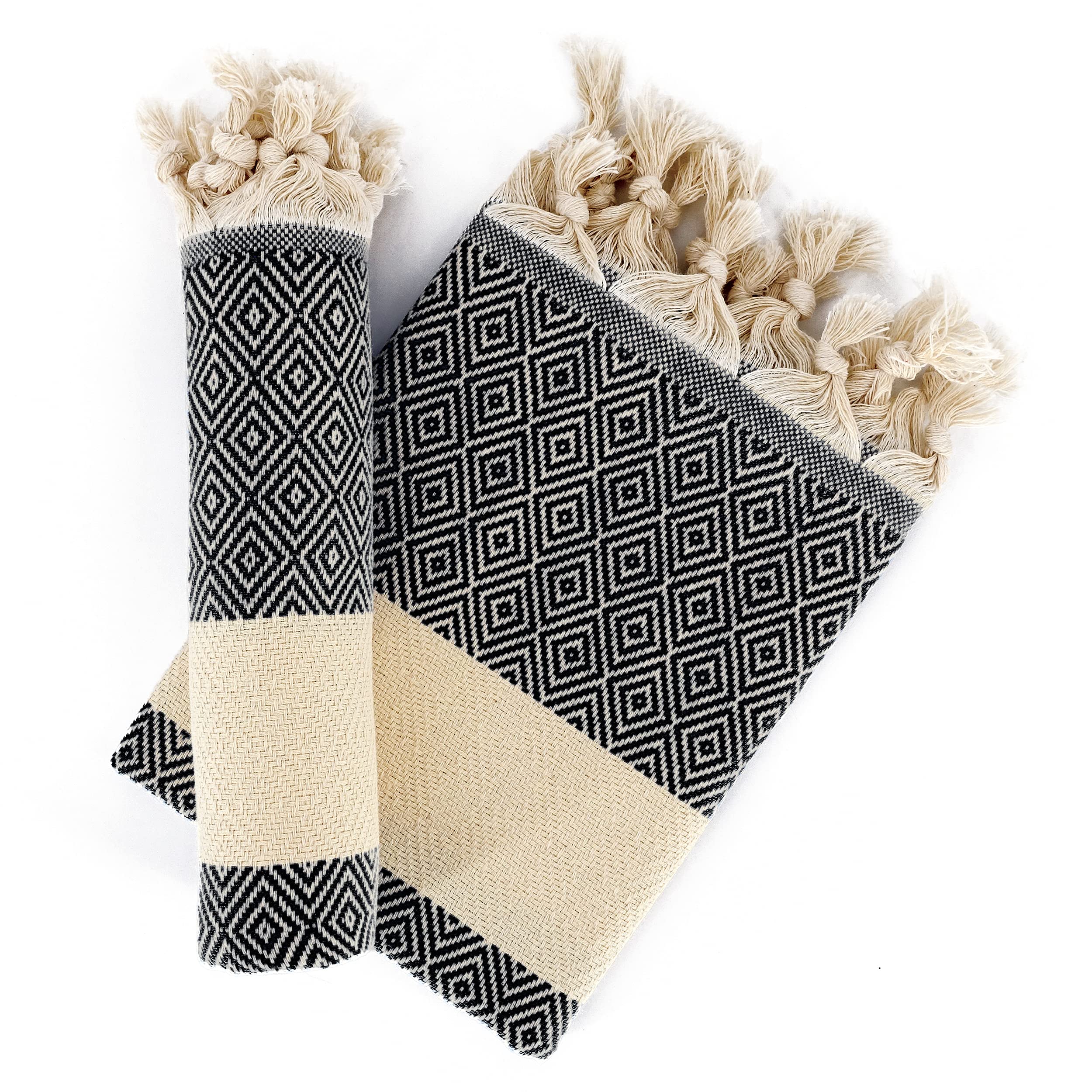 Dandelion - Diamond Pattern - Set of 2 Naturally-Dyed Cotton Turkish Hand Towels Peshkir - 35x19 Inches - Black