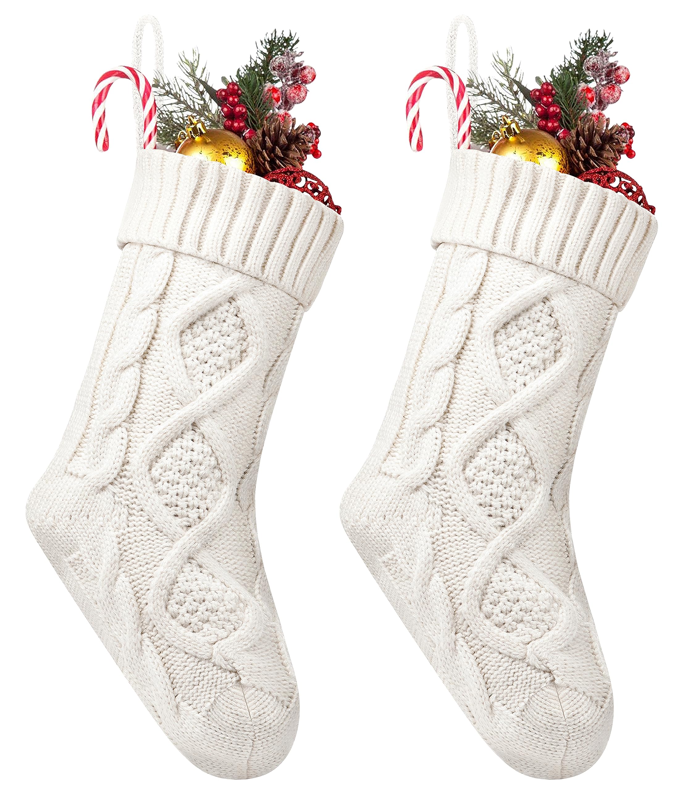Photo 1 of 2 Pack Christmas Stockings, 14 Inches Cable Knitted Stocking Gifts & Decoration for Family Holiday Xmas Party Decor, Ivory White