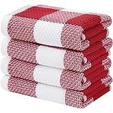 Homaxy 100% Cotton Waffle Weave Check Plaid Kitchen Towels, 13 x 28 Inches, Super Soft and Absorbent Dish Towels for Drying Dishes, 4-Pack, White & Red