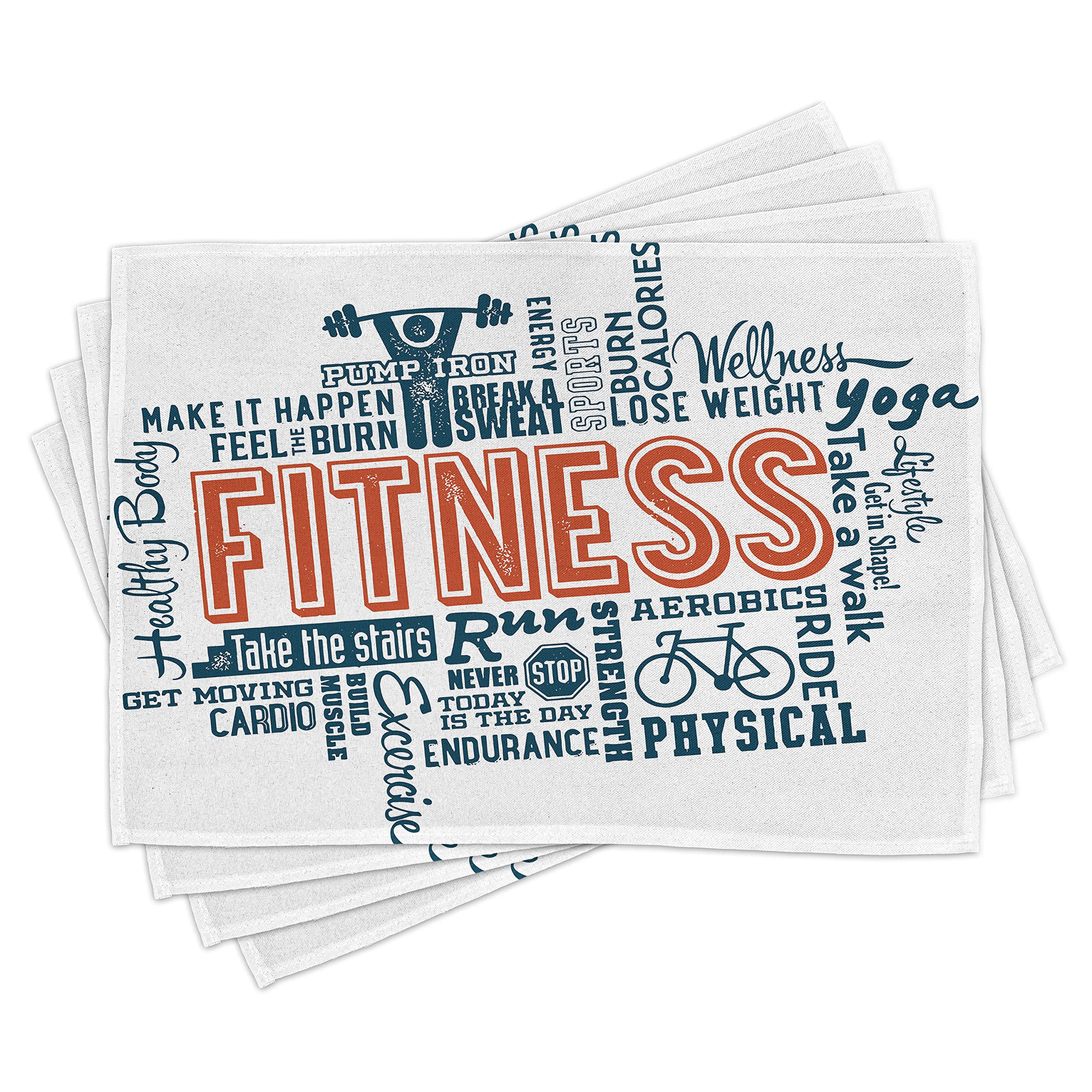 ABAKUHAUS Fitness Place Mats Set of 4, Health Related Words Retro Style Typography Active Lifestyle, Washable Fabric Placemats for Dining Room Kitchen Table Decor, Orange Dark Blue White