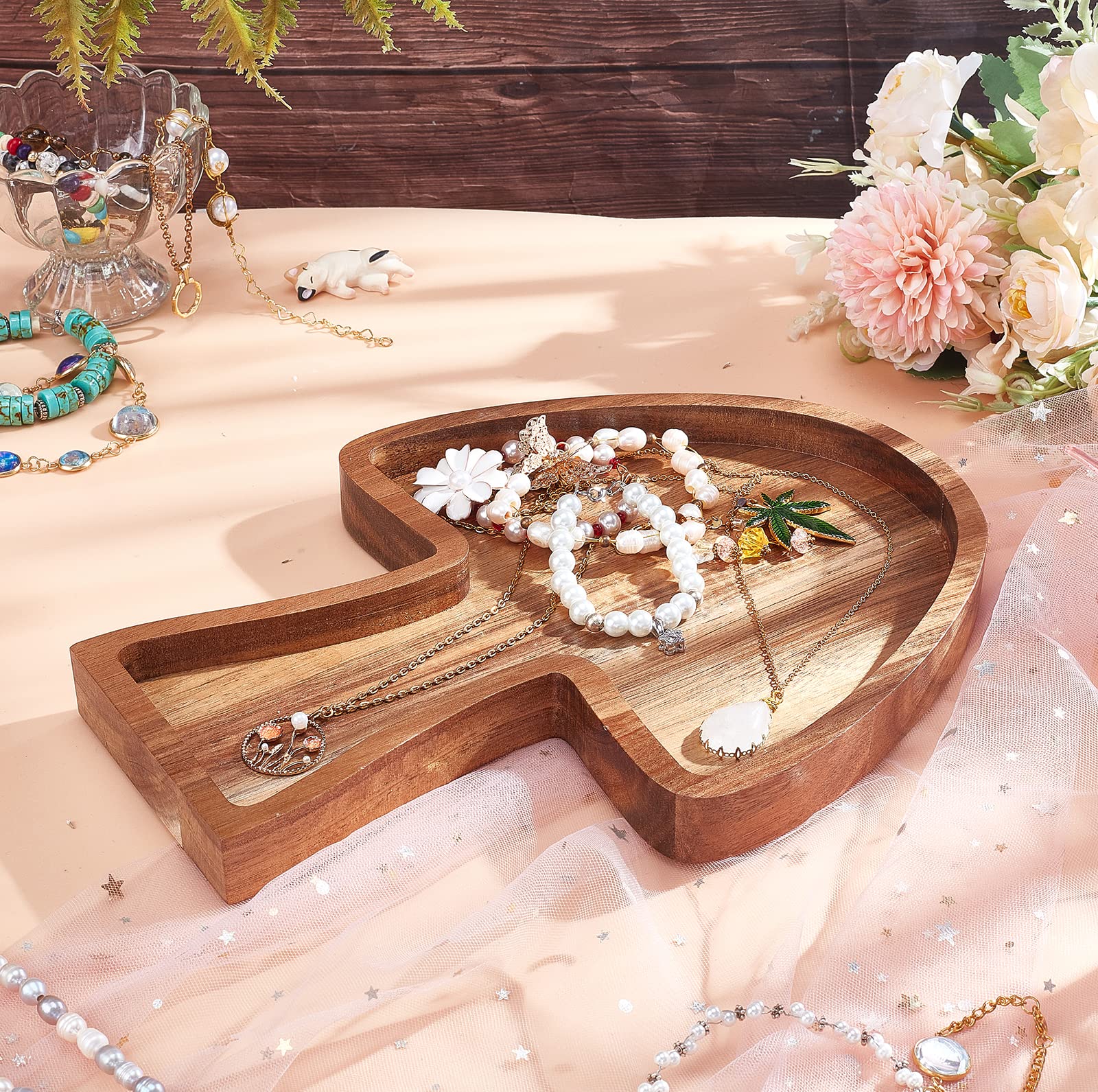 INFUNLY Mushroom Tray Wooden Crystal Holder Round Crystal Organizer Tray Acacia Wood Trinket Dish for Rocks Jewelry Healing Crystals Storage