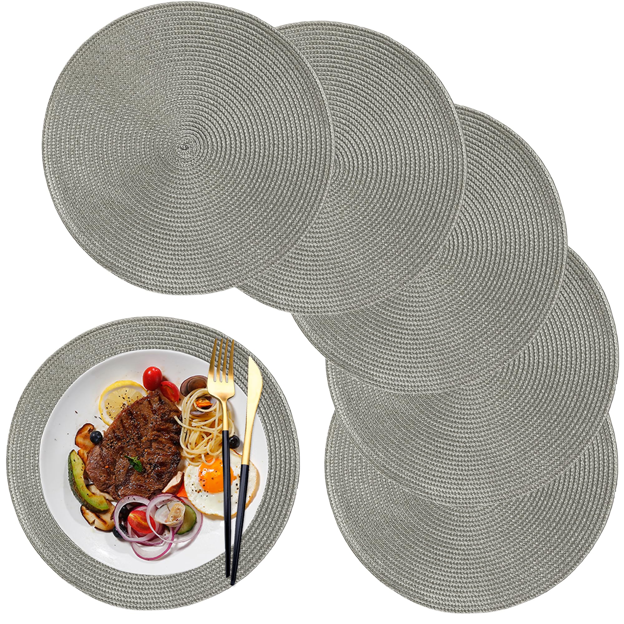 maifey Placemats 12.6 Inch Place Mats Round Placemats sets 6 for Dining Table Washable Heat Resistant Table Mats for Kitchen Table Grey