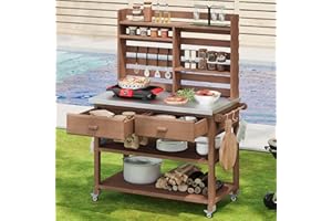 Merax 64.9" H Outdoor Potting Bench Table with Lockable Wheels, Solid Wood Outdoor Kitchen Island with Upper Hutch, Stainless
