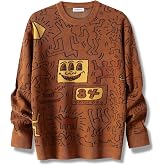 Mens Graffiti Graphic Sweaters Vintage Oversized Knit Pullover Long Sleeve Round Neck Casual Loose Sweatshirt