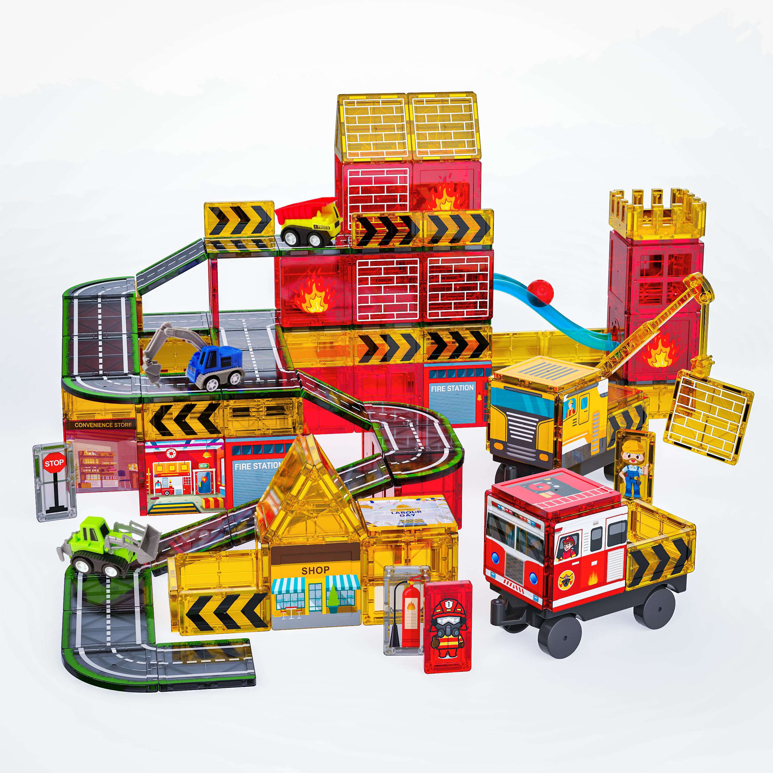 Magnetic Tiles for Kids - Magnetic Road Tiles & Fire Station Construction Toy, Magnetic Building Blocks with a Telescopic Crane, Roads & Cars, For 3+ Year Olds Boys and Girls Gift