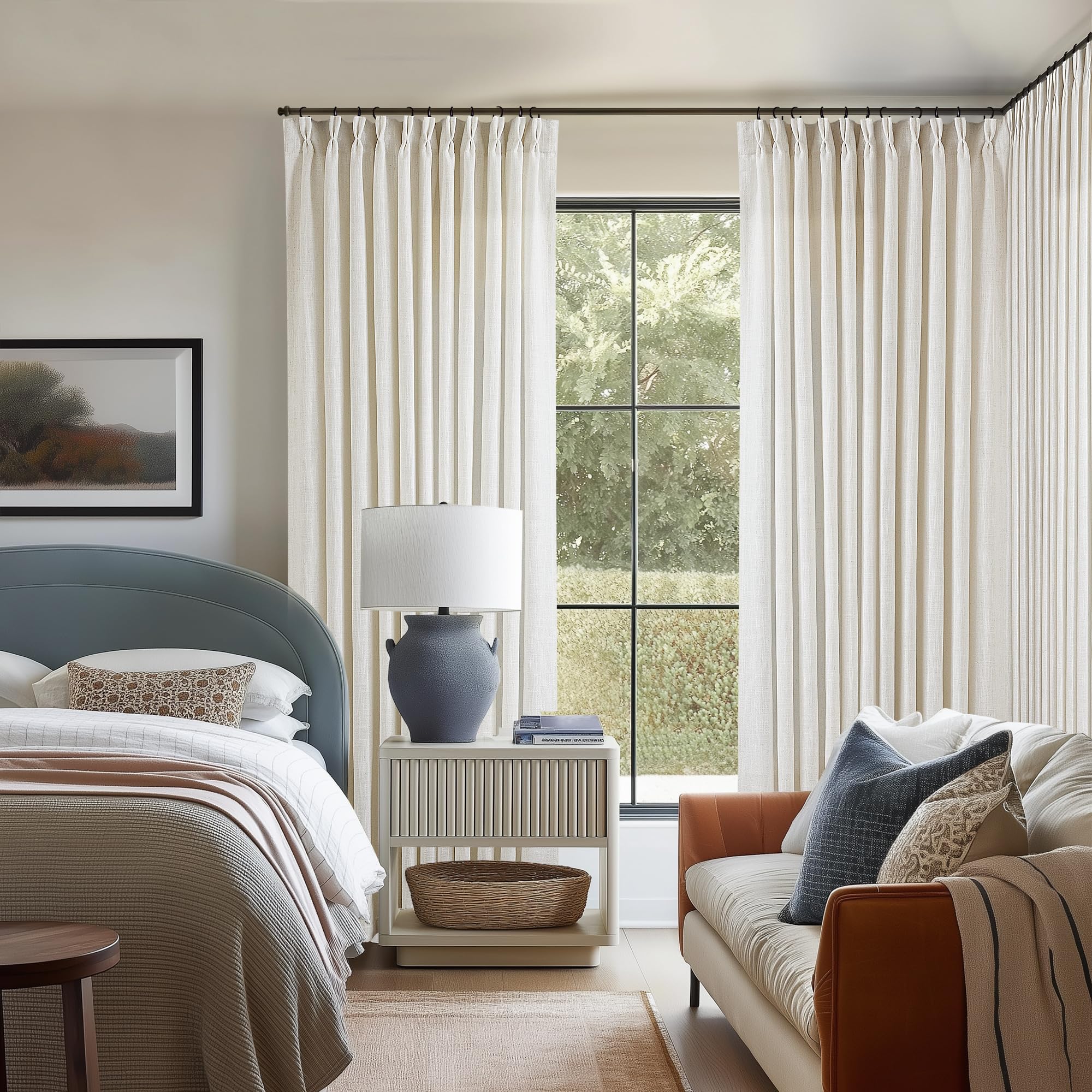 Photo 1 of *USED, ONLY ONE**************TWODRAPES Pinch Pleated Extra Wide Curtain Panels 96 Inches Long 70 Wide Linen Curtain for Patio Sliding Glass Door Semi Sheer Cream Hooks Rings Privacy 96 Inch Length for Living Room 70x96 1 Panel