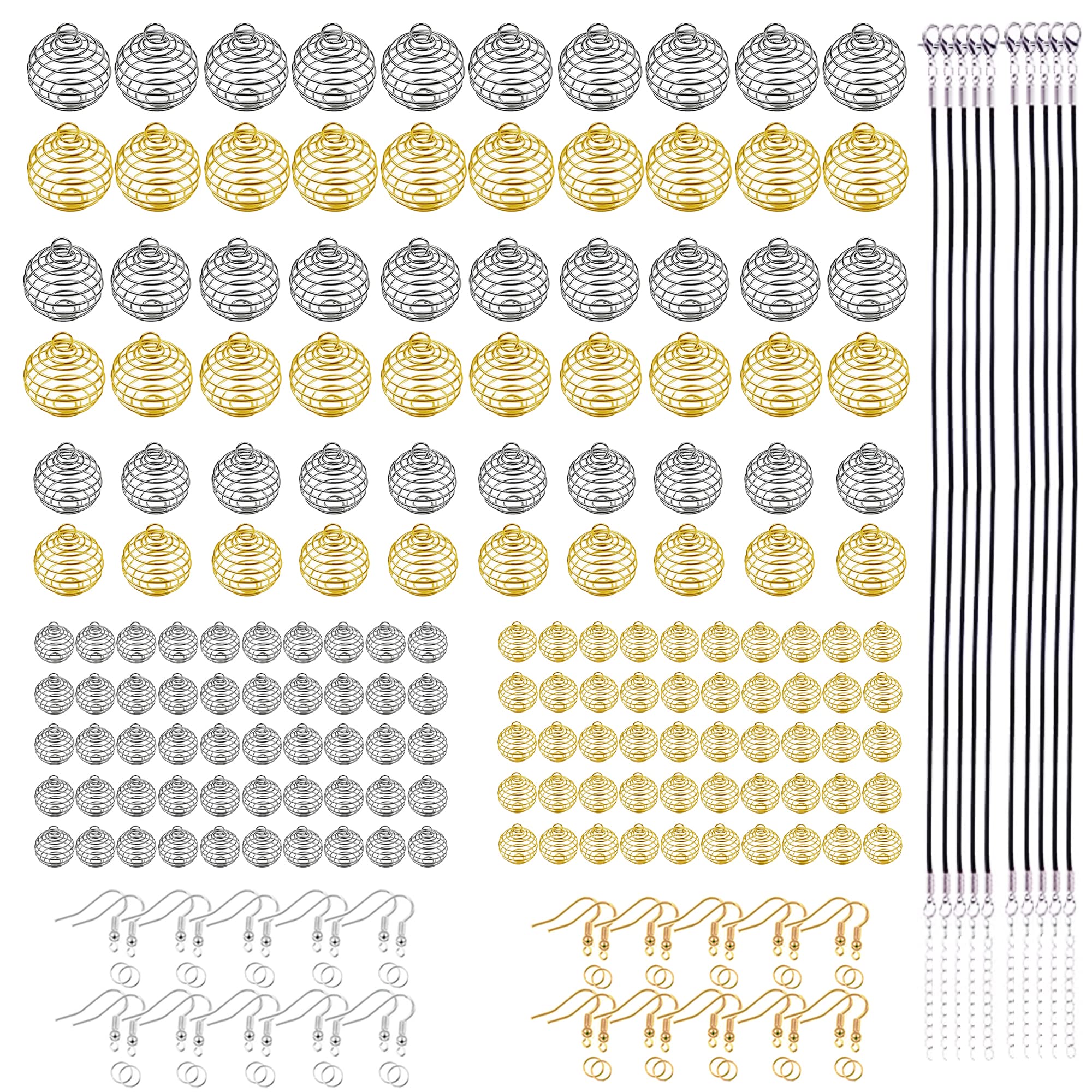 NA Woohome 160 PCS Bead Cage Pendant Spiral Beads, 4 Size Silver and Gold Plated Stone Holder with 10 PCS Black Wax Rope, Ear Hooks, Jump Rings for Jewelry Making and Crafting (Gold and Silver)