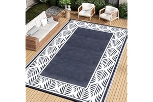HUGEAR Outdoor Plastic Straw Rug, Waterproof Mat, Washable Large Floor Mat and Rug for Outdoors, RV, Beach, Patio, Camping, Backyard, Deck, Picnic,Indoor Outside (8x10ft,Olive-Leaf/Dark Blue&White)