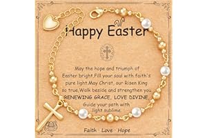 Jesvo Easter Basket Stuffers for Teen Girls, Catholic Cross Pearl Bracelet Jewelry Easter Gifts Ideas for Tween Teenage Girls