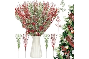 Daifunli 36 Pcs Red Green Christmas Tree Picks and Sprays Ornaments 17'' 12'' Artificial Flower Glitter Christmas Flower Berry Stem Stick Branches Filler Topper for Xmas Wreath Vase