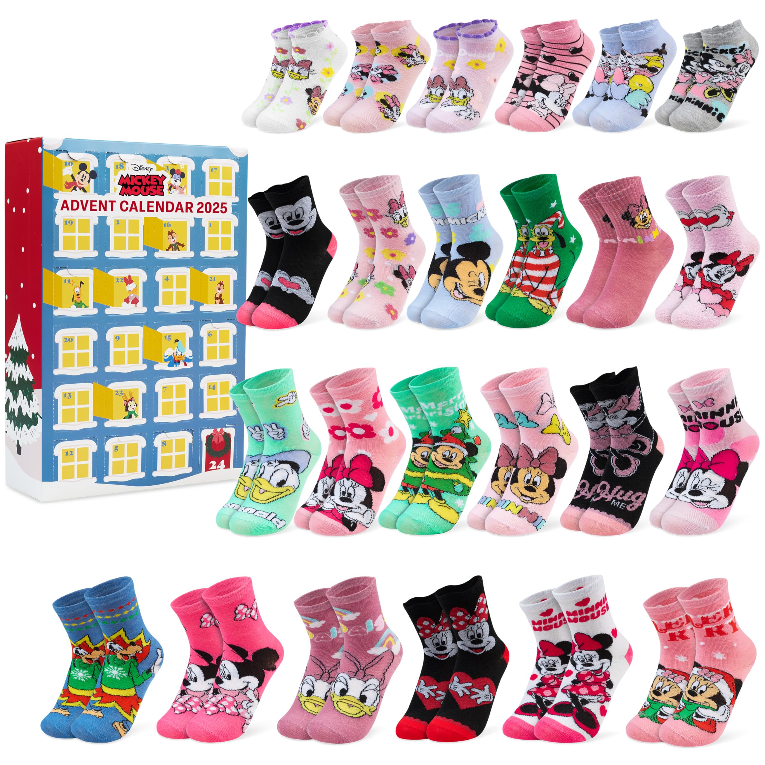 Get Trend Disney Minnie Mouse Socks Advent Calendar 2025 for Girls Size 9-13, 24 Pairs of Breathable Trainer Casual Socks, Christmas Gifts for Her (Multi Minnie)
