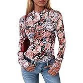 PRETTYGARDEN Women's Long Sleeve Going Out Tops 2026 Spring Y2K Clothes Mesh Floral Fitted Shirts Date Night Outfit