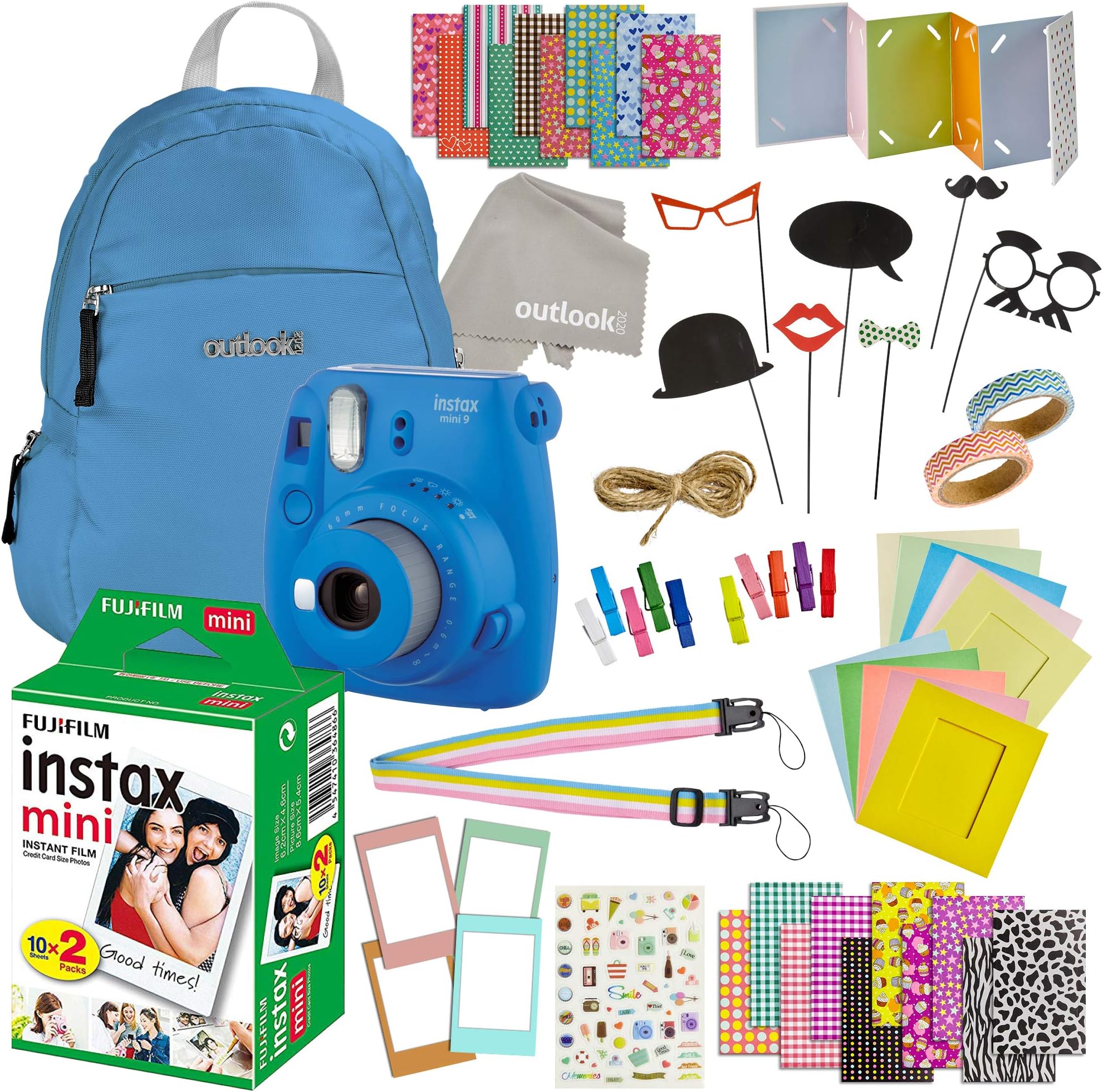 Instax Mini 9 Camera Travel Bundle - 60 Piece Accessory Kit with Shoulder Bag, 20 Sheets of Film, Lens Cleaning Cloth, Strap, Washi Tape, Stickers, Photo Frames + Album-by Outlook 2020 (Cobalt Blue)