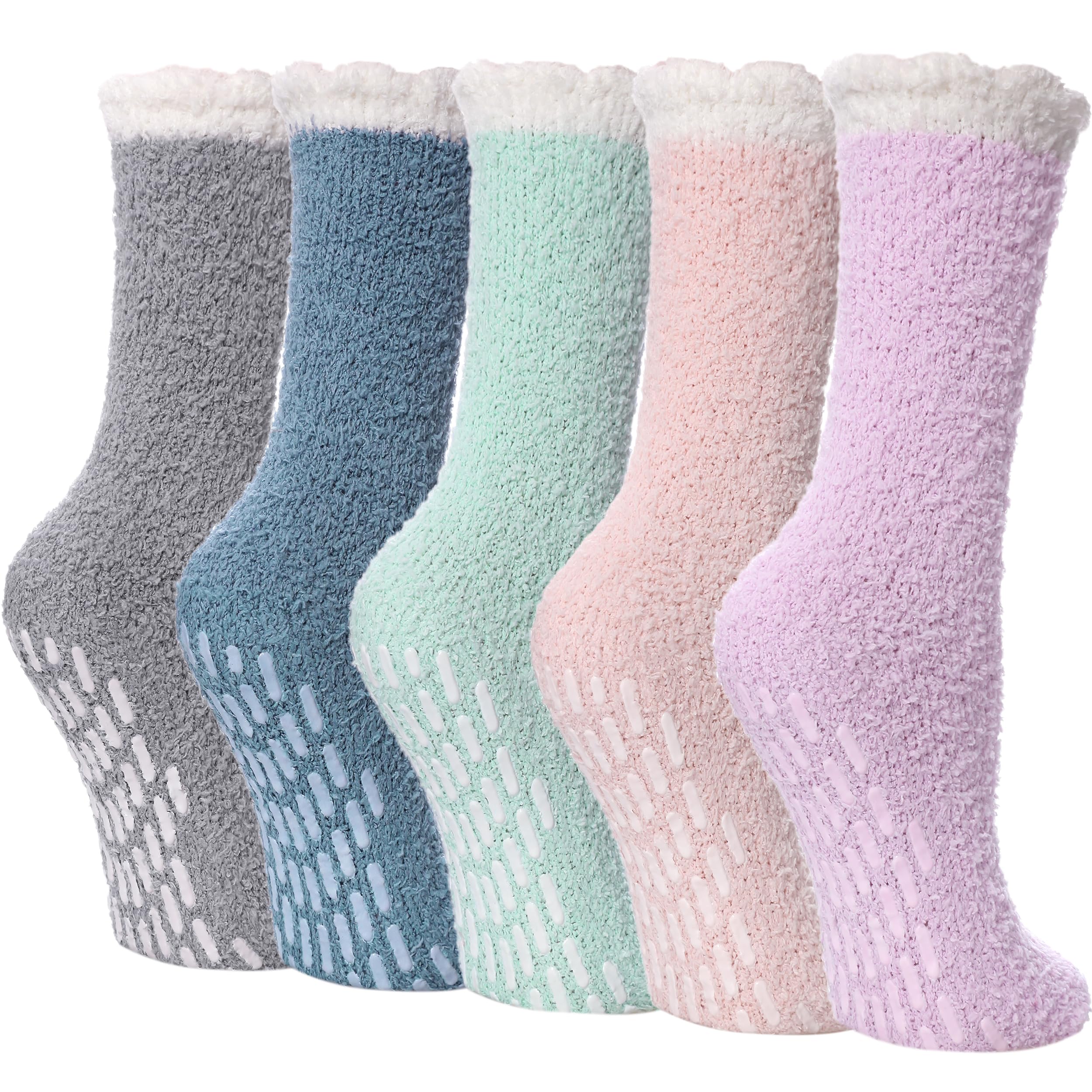 Photo 1 of LINEMIN Non Slip Hospital Socks with Grips for Women Cozy Winter Soft Fluffy Grip Slipper Socks (5 Pairs Mix Patchwork)
