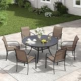 VICLLAX Patio Dining Set for 6, All Weather Metal Outdoor Furniture Set Includes 47" Round Patio Table and 6 Patio Stacking Chairs, Black Tabletop and Brown Fabric