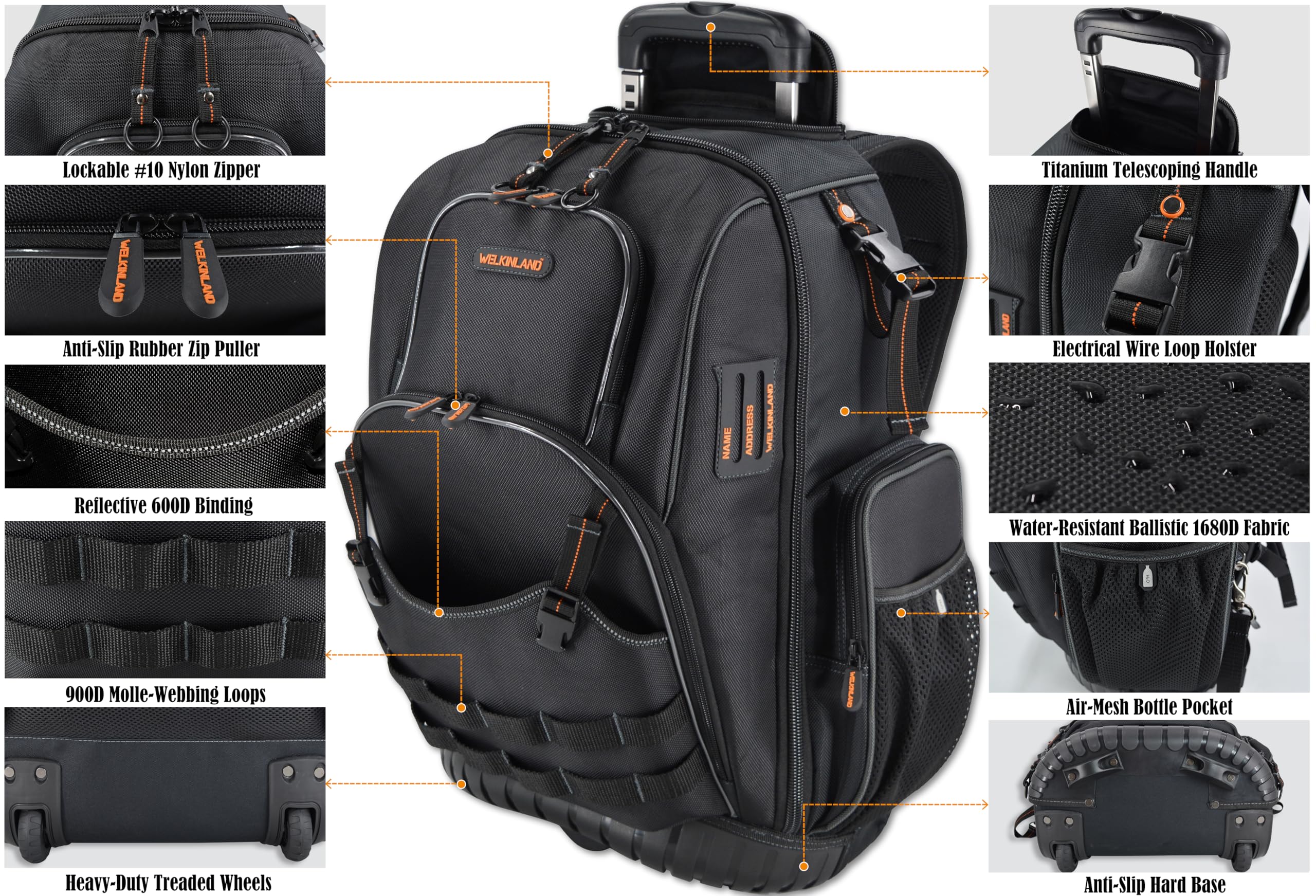 WELKINLAND 72Pockets Rolling Tool backpack, Large tool bag with wheels, Rolling Electrician bag with wheels for men