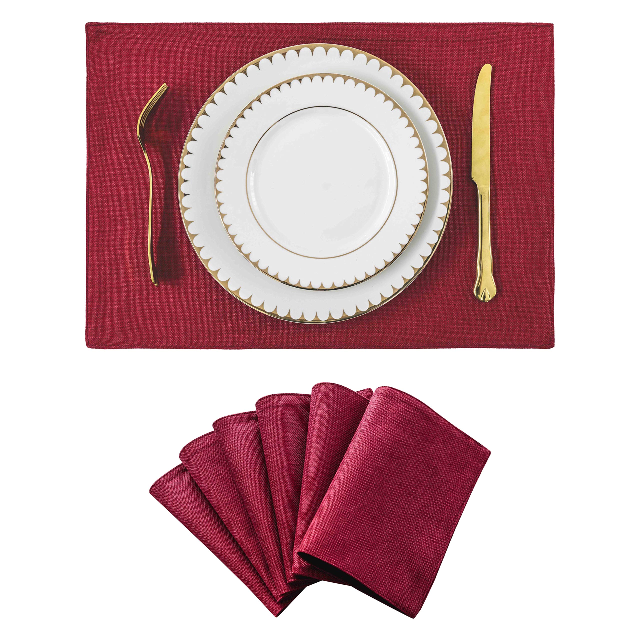 Home Brilliant Placemats Red Place Mats for Table Fabric Table Mats Set of 6 for Kitchen Dinning Restaurant, Wedding Decorations Rectangle Fine Cut, 33 x 48 cm, Burgundy