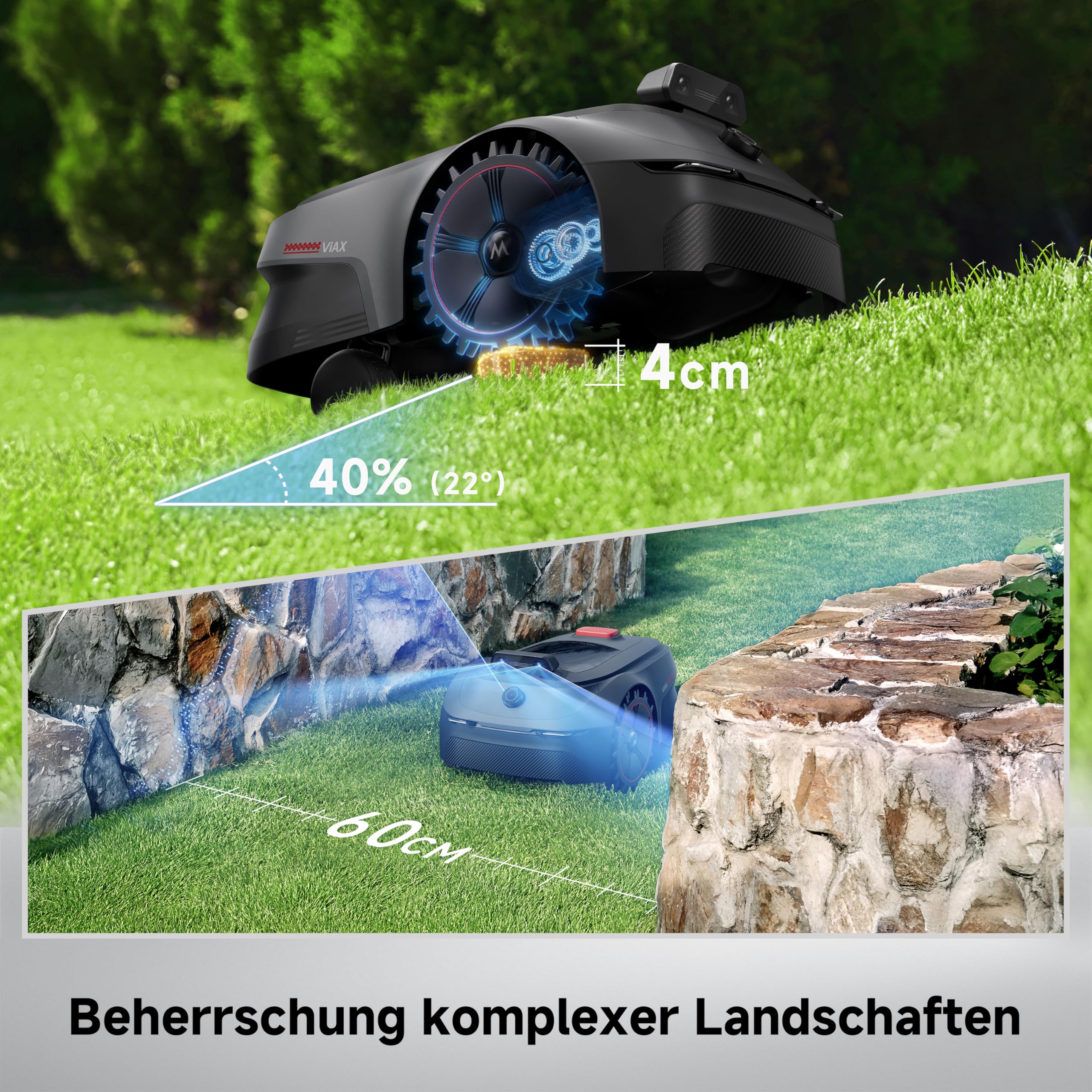 MOVA ViAX 500 Mähroboter Ohne Begrenzungskabel, Empf. 600 m², KI-gestützte Kartierung, 360°-LiDAR & Dual-KI-Vision, Intelligente Hindernisvermeidung, U-Fahrbahn, Kantenschnitt, App-Steuerung 5