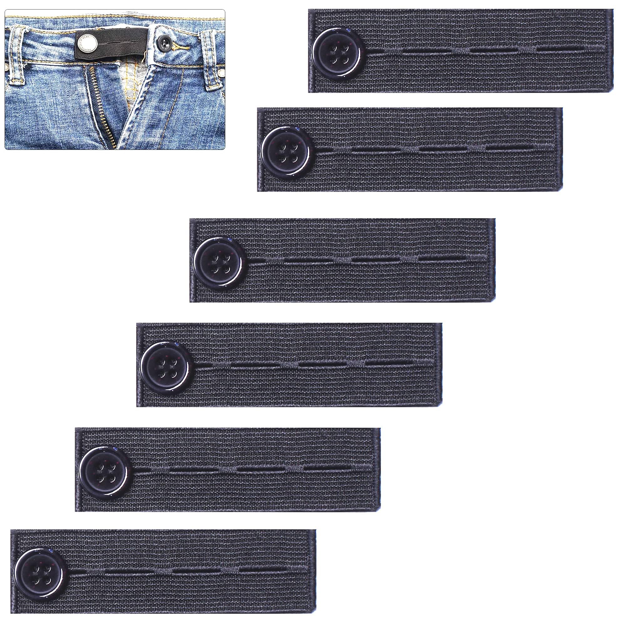 6 Pieces Elastic Waist Extenders, Adjustable Wasitband Expanders, Button Extender for Pants Jeans Trousers, Pack of 6 Black